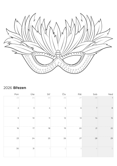 Březnový kalendář s karnevalovou maskou z Jaro