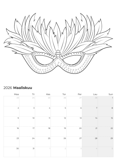 Maaliskuun kalenteri: Mardi Gras -naamio kohteesta Kevät