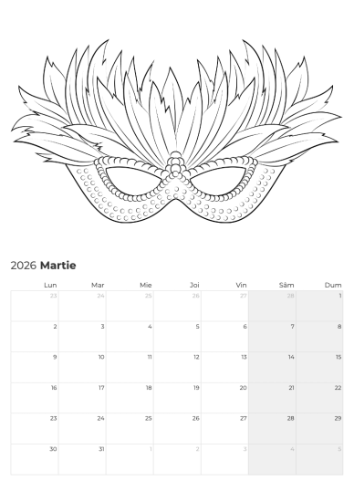 Calendar martie cu mască Mardi Gras din Primăvara